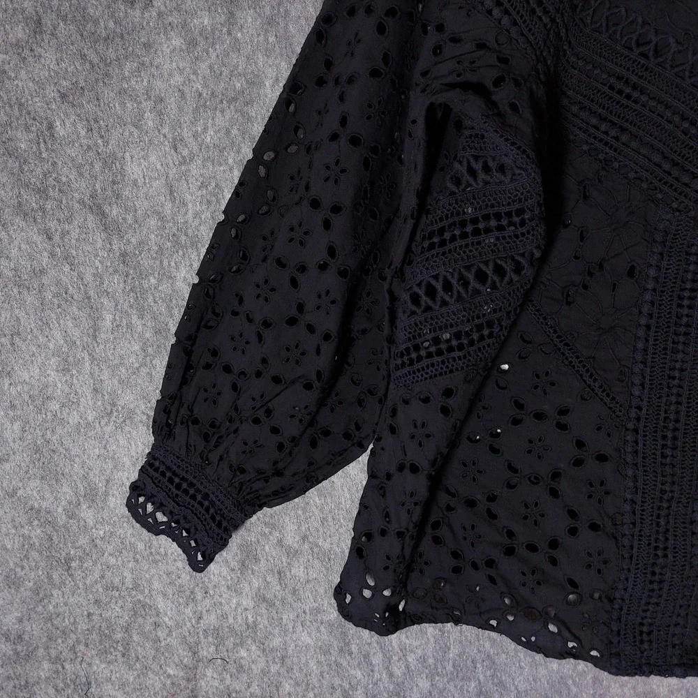 Anthropologie Women Blouse M Black Festival Eyelet Balloon Sleeve Crochet Tunic